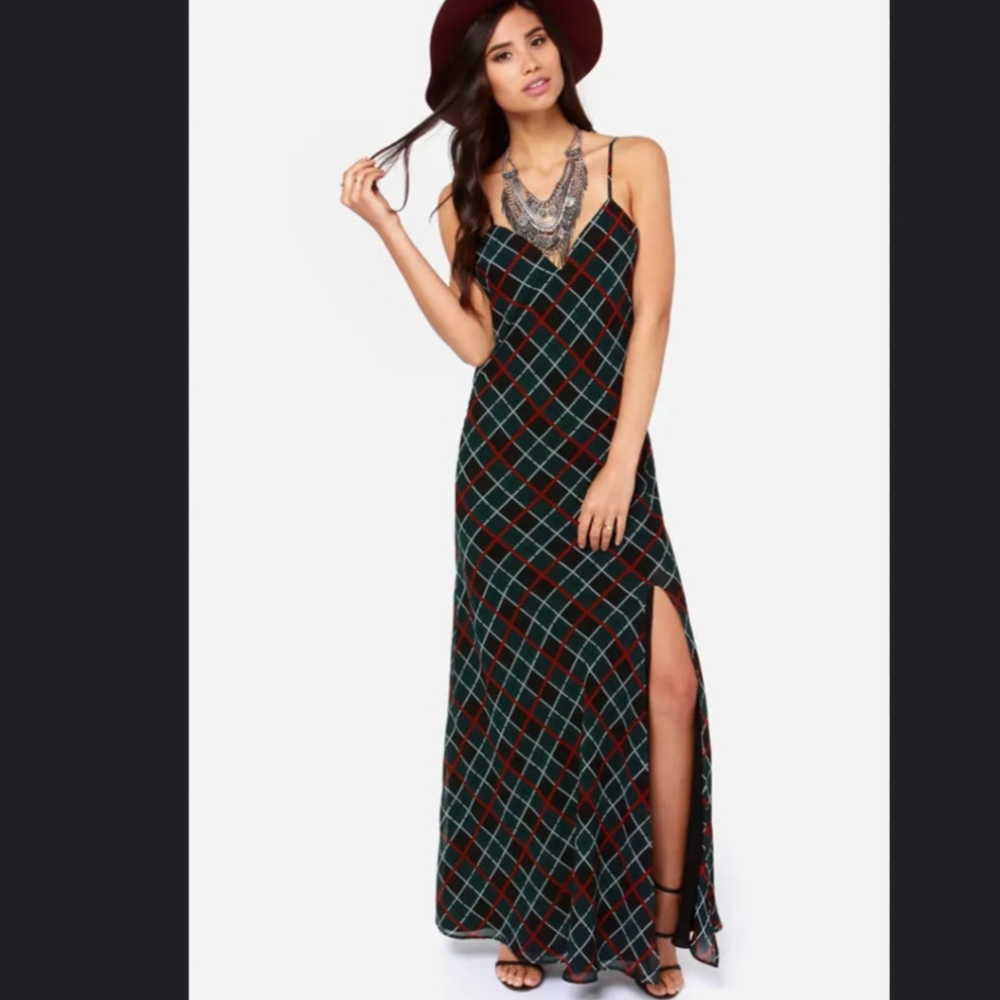 Lovers+Freinds Maybe Tommorrow Plaid Maxi Dress Sz. M High Slit Slip Maxi Euc